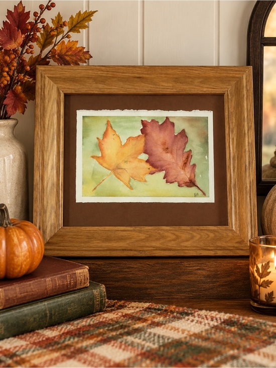 Hand Crafted Other - Framed Autumn Leaves Watercolor Art Signed By Artist Ellen McNerney Rustic Fall